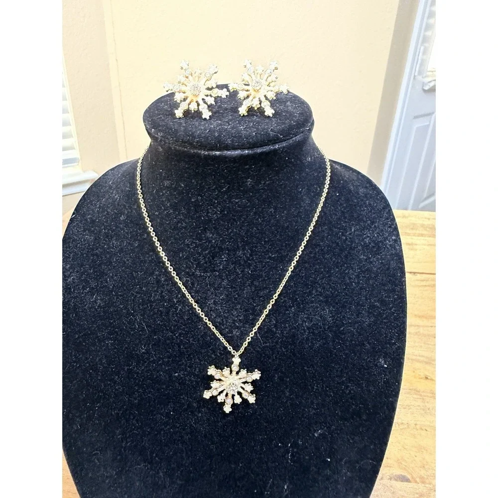 Kirk's Folly Crystal Star Snowflake‎ Necklace Earrings Gold tone Rhinestone